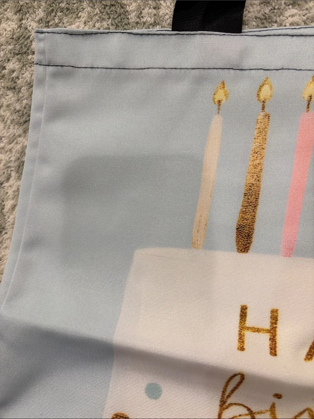 Happy Birthday Cake Light Blue Poly Canvas Tote Bag NWT 15.75x15”